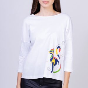 Tricou alb cu imprimeu pisica colorata