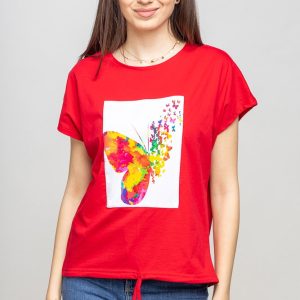 Tricou rosu cu snur si panou fluture stilizat