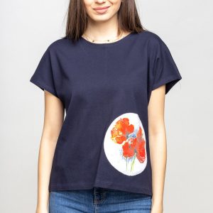 Tricou bleumarin cu panou lateral maci rosii picturali