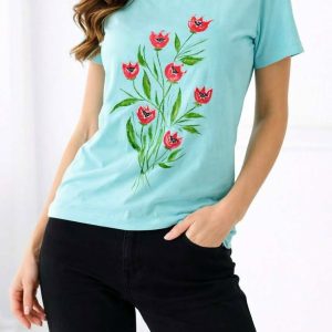 Tricou turcoaz, pictat manual ,cu lalele, unicat