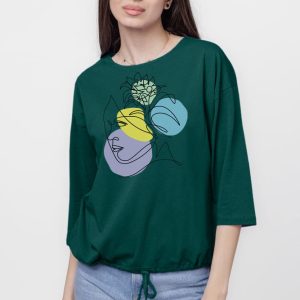 Tricou uni cu maneca 3 4 din tricot de bumbac cu snur la baza, turcoaz inchis cu imprimeu chip stili