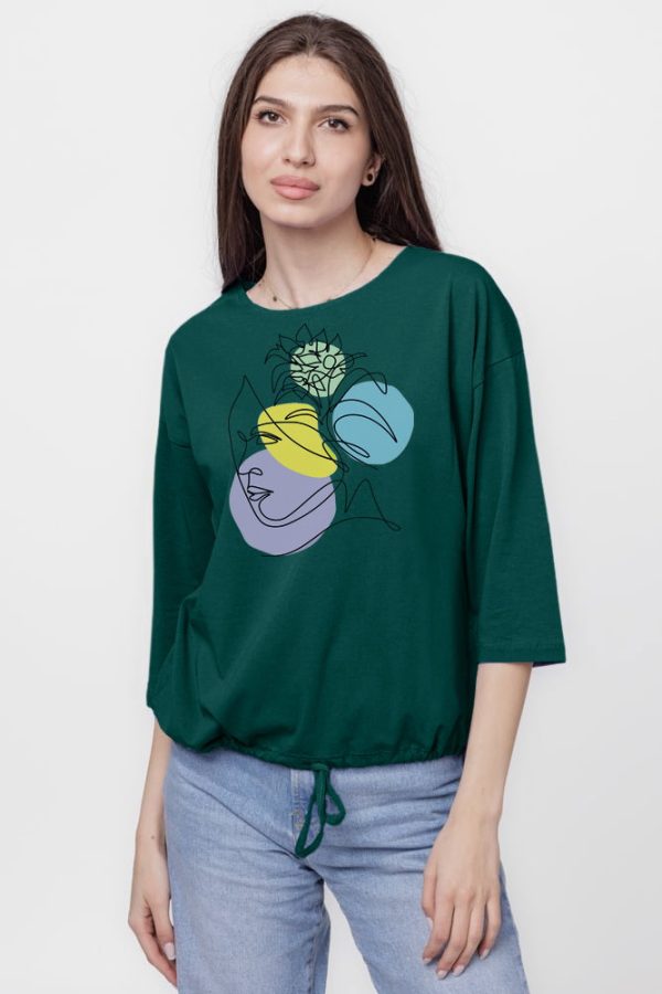 Tricou uni cu maneca 3 4 din tricot de bumbac cu snur la baza, turcoaz inchis cu imprimeu chip stili