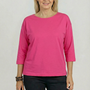Tricou uni cu maneca 3 4 din tricot de bumbac, fucsia