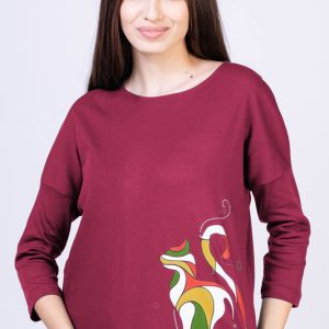 Tricou roz inchis cu imprimeu pisica colorata