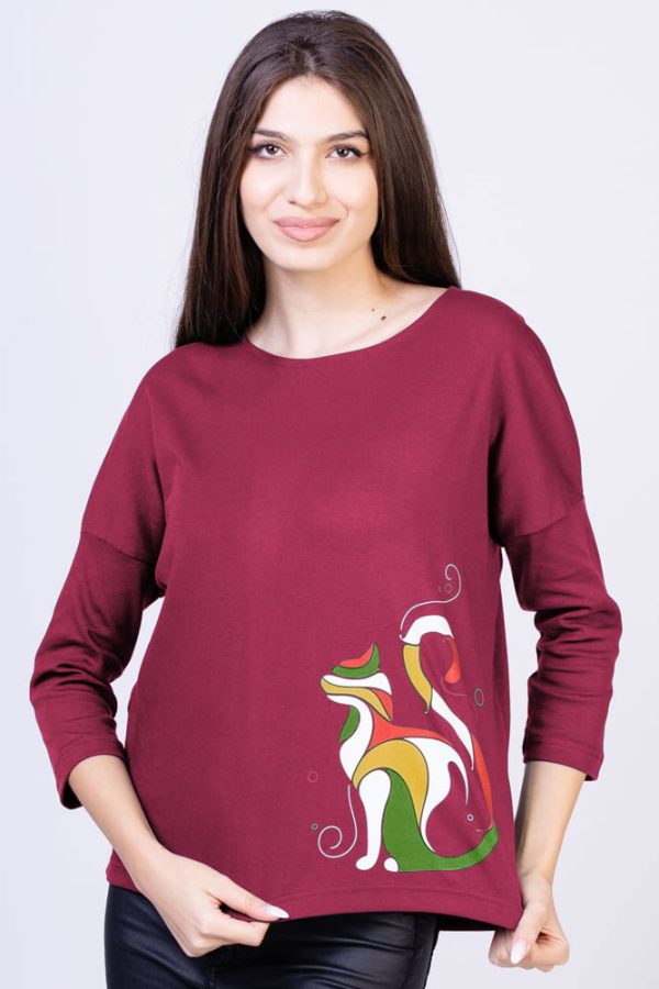 Tricou roz inchis cu imprimeu pisica colorata