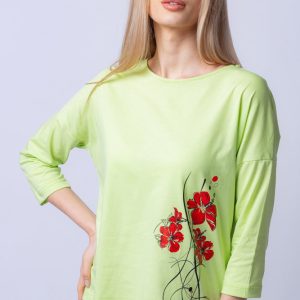tricou-verde-menta-din-bumbac-cu-maneci-3-4-si-imprimeu-maci-2536-1380.jpg Tricou verde menta din bumbac, cu maneci 3 4 si imprimeu maci