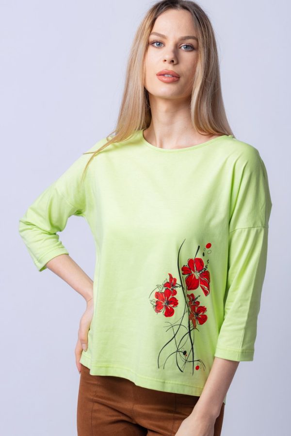 tricou-verde-menta-din-bumbac-cu-maneci-3-4-si-imprimeu-maci-2536-1380.jpg Tricou verde menta din bumbac, cu maneci 3 4 si imprimeu maci