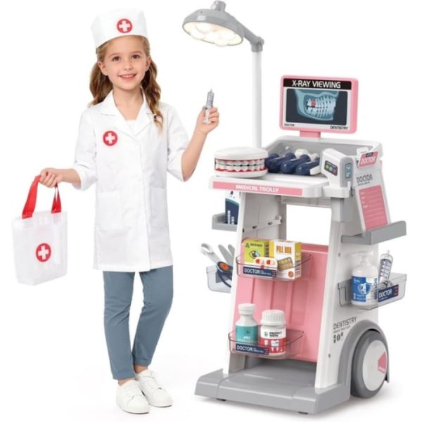Set carucior medical Doctor Dentist cu maxilar interactiv, lumini si 26 accesorii, roz, +4 ani