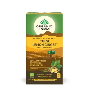 tulsi-lemon-ginger-2-front-2.webp Ceai Tulsi cu Lamaie si Ghimbir, Antistres Natural 25pl ECO| Organic India