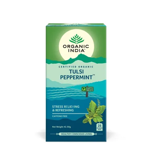 tulsi-pappermint-organic-india-1-2.webp Ceai Tulsi Mentă, Amestec Adaptogen Reîmprospătant, 25pl | Organic India