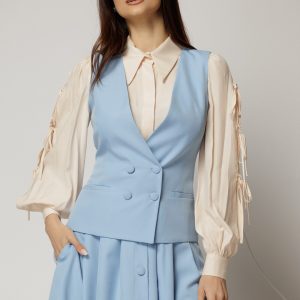 Vesta DY Fashion bleu cambrata cu decolteu si inchidere la doi nasturi