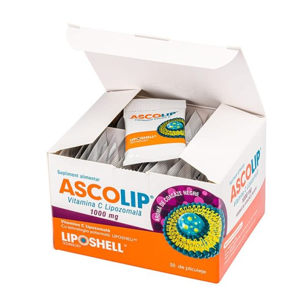 ASCOLIP, Vitamina C Lipozomală 1000 mg, cu aromă de coacăze, 30 plicuri, LIPOSHELL®