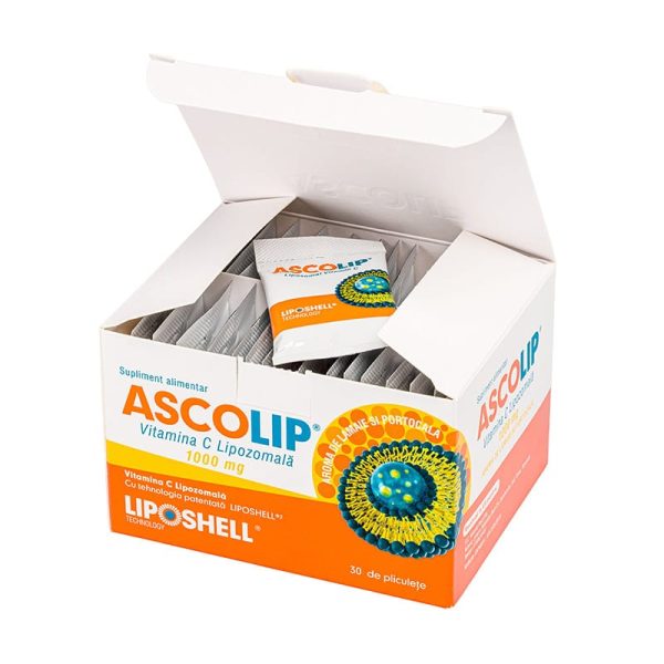 ASCOLIP, Vitamina C Lipozomală 1000 mg, cu aromă de portocale, 30 plicuri,  LIPOSHELL®