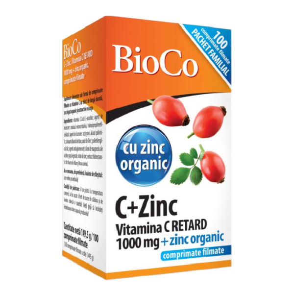 vitamina-c-si-zinc-bioco.png Vitamina C 1000mg + Zinc 15mg, 100 bucati, BioCo