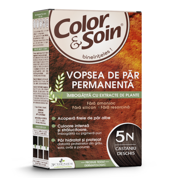 vopsea-de-par-5n-color_soin.png Vopsea de par fara amoniac, fara silicon, castaniu deschis, 5N Color&Soin